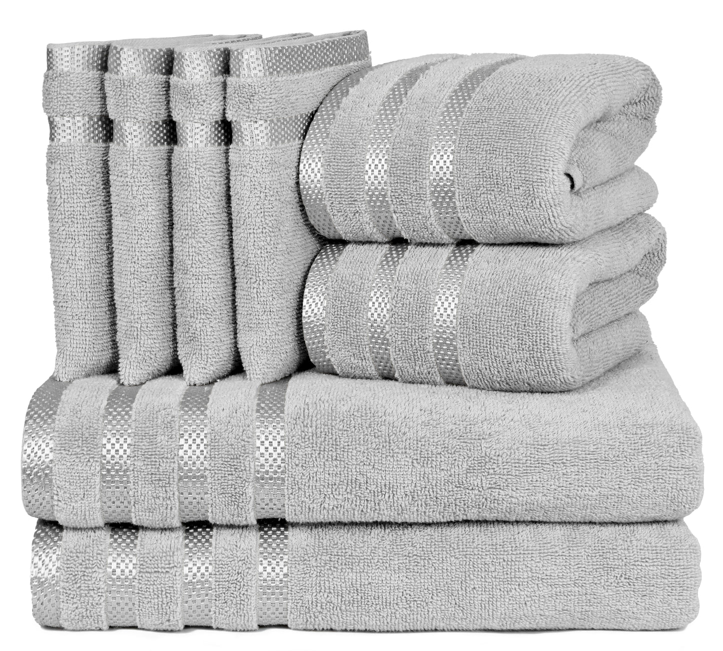 8 Pc Towel Set, 2 Bath Towel, 2 Hand Towels, 4 Body Wash Gloves, Luxury 100% Combed Cotton Bathroom Towels, Soft Plush & Premium Towel Bale Set-Weave Essentials-Silver-Weave Essentials