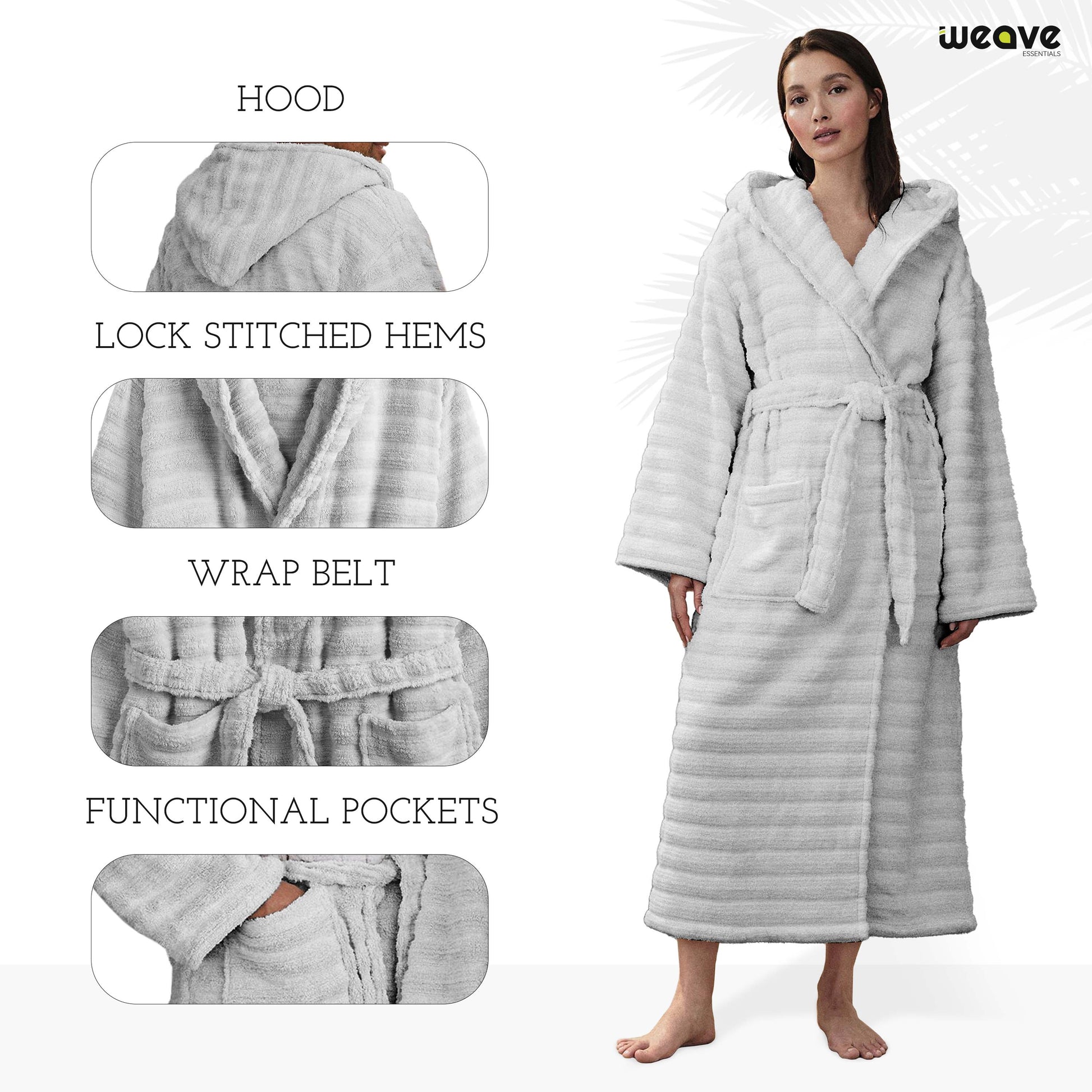 PREMIUM RIBBED TOWELING DRESSING GOWN: 100% COTTON-Striped & Ribbed Terry Toweling Hooded Bathrobe-Weave Essentials-Pastel Blue-S/M-Weave Essentials