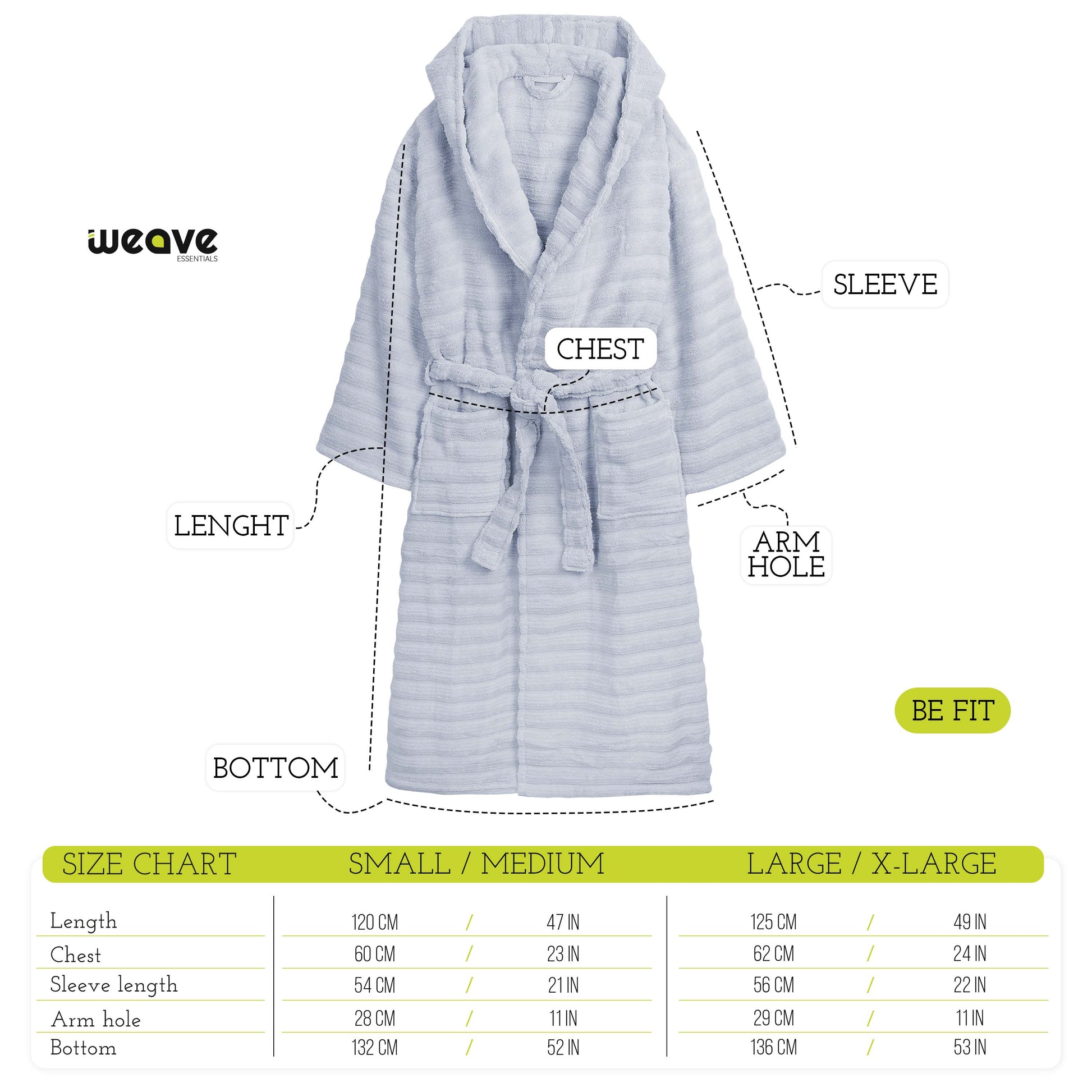 PREMIUM RIBBED TOWELING DRESSING GOWN: 100% COTTON-Striped & Ribbed Terry Toweling Hooded Bathrobe-Weave Essentials-Pastel Blue-S/M-Weave Essentials