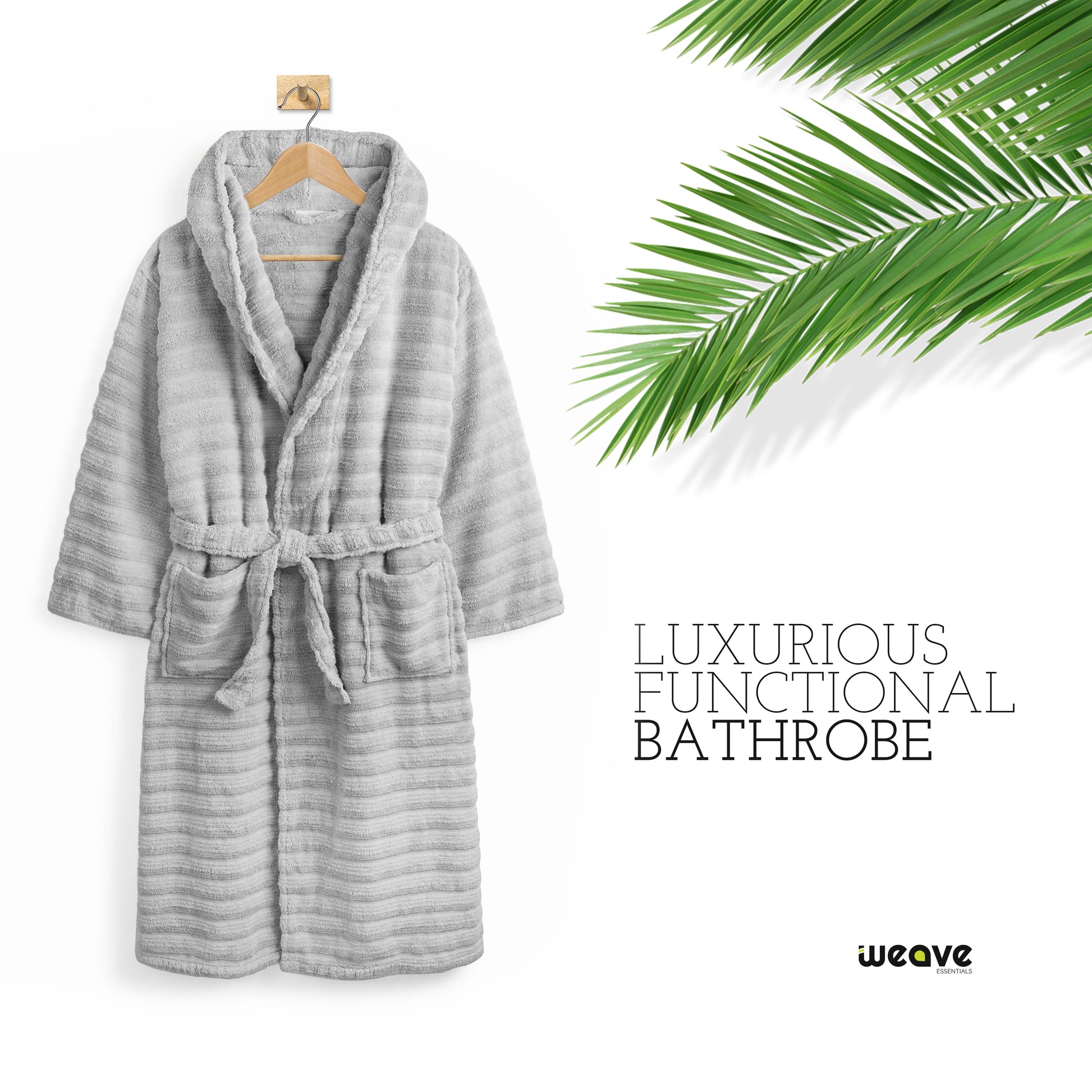 PREMIUM RIBBED TOWELING DRESSING GOWN: 100% COTTON-Striped & Ribbed Terry Toweling Hooded Bathrobe-Weave Essentials-Pastel Blue-S/M-Weave Essentials