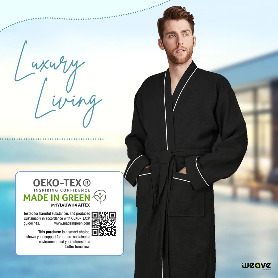 100% COTTON KIMONO UNISEX WAFFLE BATHROBE-Robes-Weave Essentials-Black-S/M-Weave Essentials