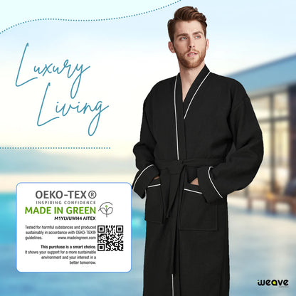 100% COTTON KIMONO UNISEX WAFFLE BATHROBE-Robes-Weave Essentials-Black-S/M-Weave Essentials