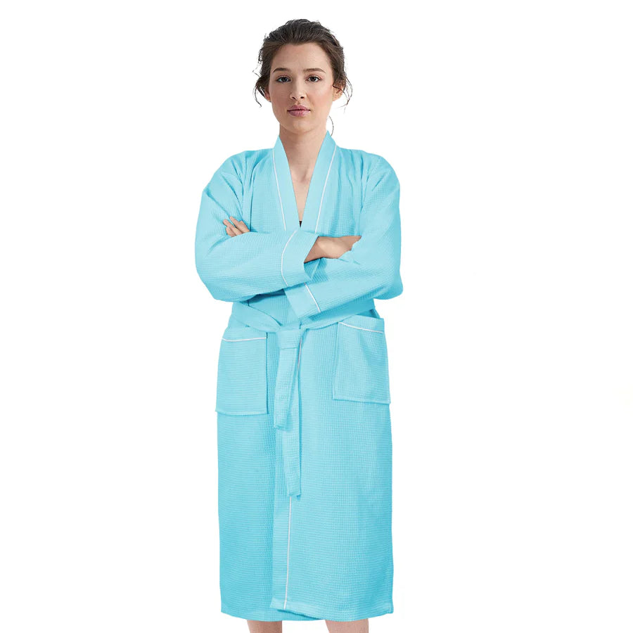 100% COTTON KIMONO UNISEX WAFFLE BATHROBE-Robes-Weave Essentials-Aqua-L/XL-Weave Essentials