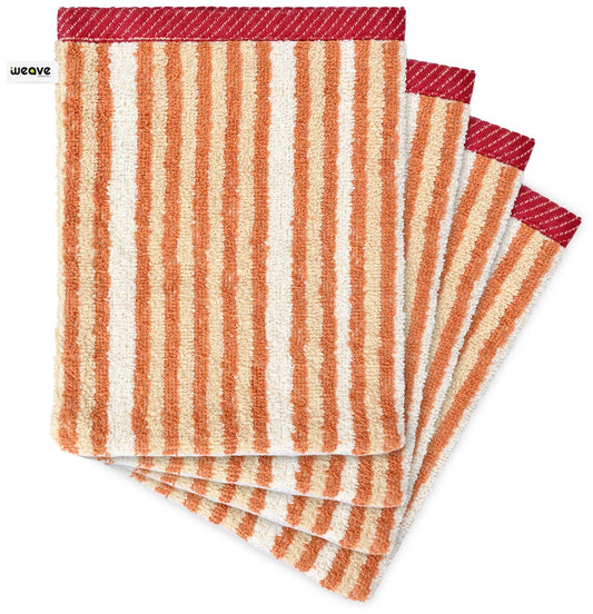 4 Pc Wash Gloves - 15x20cm, Solid Striped 100% Cotton, Soft & Absorbent Wash Mitt, Makeup Remover & Soft Cleansing Facial Mitts-Weave Essentials-Ochre Brown-Weave Essentials