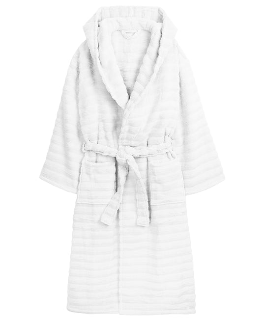 PREMIUM RIBBED TOWELING DRESSING GOWN: 100% COTTON-Striped & Ribbed Terry Toweling Hooded Bathrobe-Weave Essentials-Oyster White-L/XL-Weave Essentials