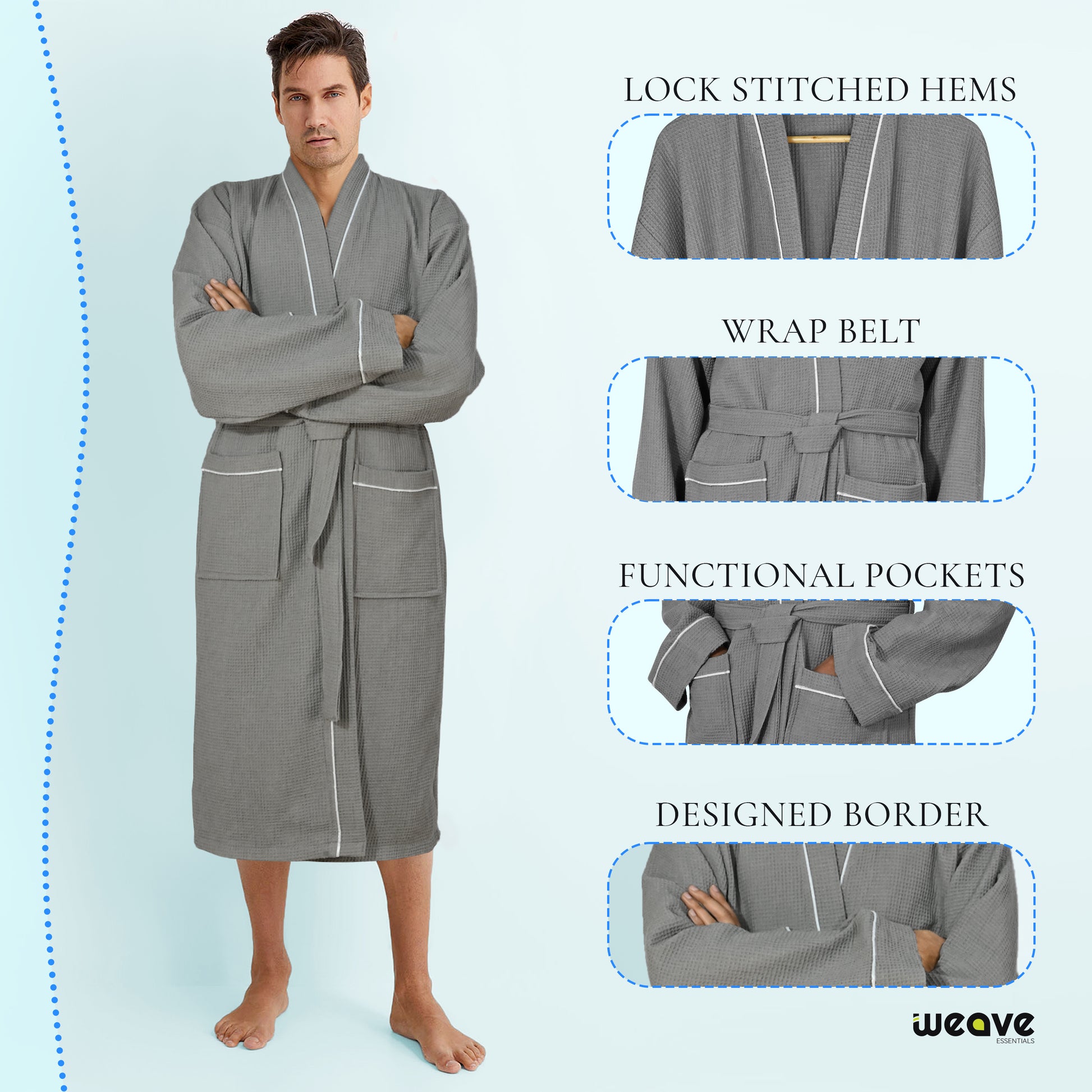 100% COTTON KIMONO UNISEX WAFFLE BATHROBE-Robes-Weave Essentials-Grey-S/M-Weave Essentials