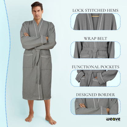 100% COTTON KIMONO UNISEX WAFFLE BATHROBE-Robes-Weave Essentials-Grey-S/M-Weave Essentials