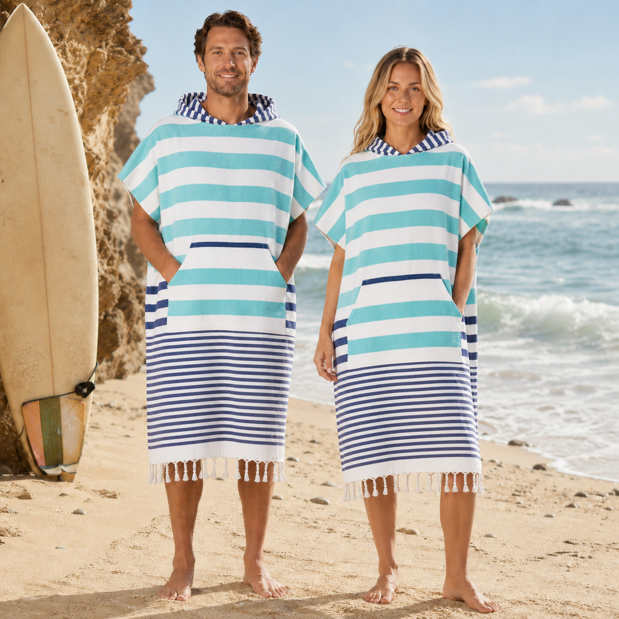 Hamam Poncho Towel - Hooded Changing Robe with Pocket, 100% Cotton