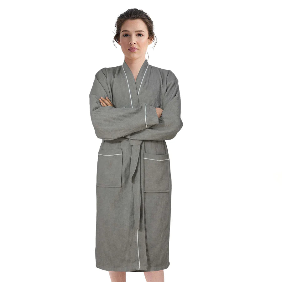100% COTTON KIMONO UNISEX WAFFLE BATHROBE-Robes-Weave Essentials-Grey-S/M-Weave Essentials