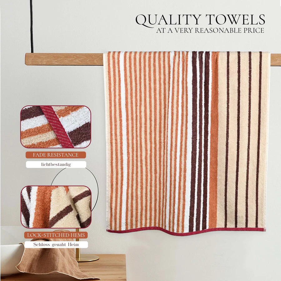 4Pc Bath Linen Towel Set, 2 Large Bath Towel - 70x140cm, 2 Hand Towels - 50x90cm, Solid Stripped 100% Cotton, Quick Dry Towel, Soft & Absorbent-Guest Towel-Weave Essentials-Ochre Brown-2x Hand & 2x Bath-Weave Essentials