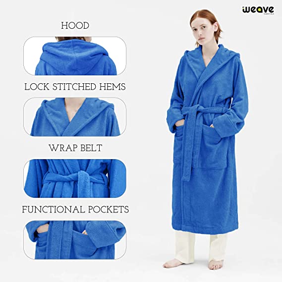 TERRY HOODED BATHROBE: 2 POCKETS & WRAP BELT-Bathrobe-Weave Essentials-Pale Pink-L/XL-Weave Essentials