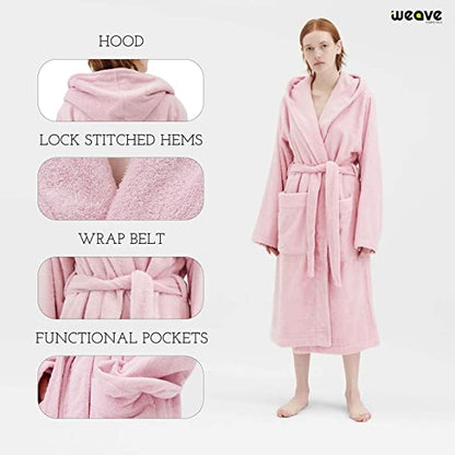 TERRY HOODED BATHROBE: 2 POCKETS & WRAP BELT-Bathrobe-Weave Essentials-Pale Pink-L/XL-Weave Essentials