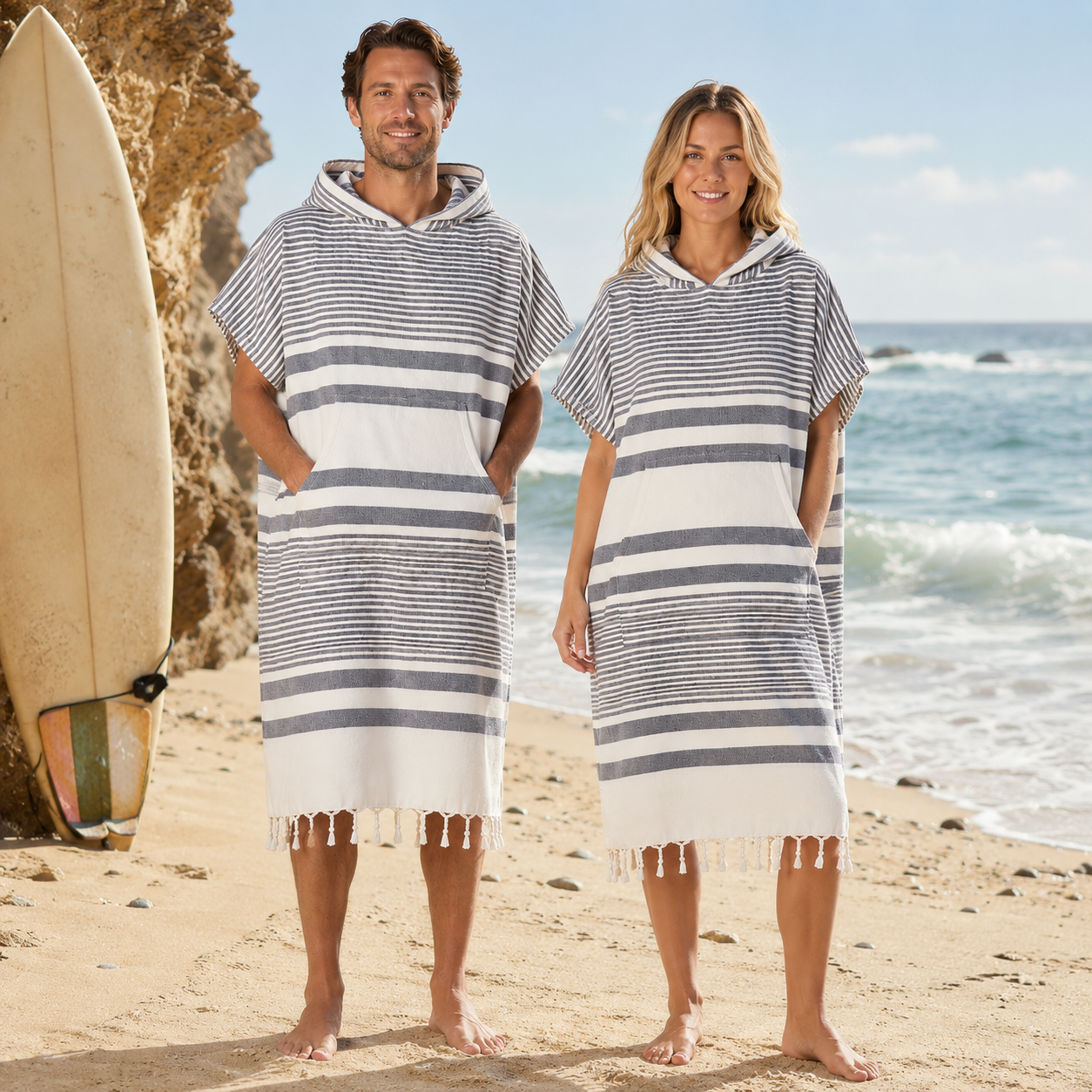 Hamam Poncho Towel - Hooded Changing Robe with Pocket, 100% Cotton