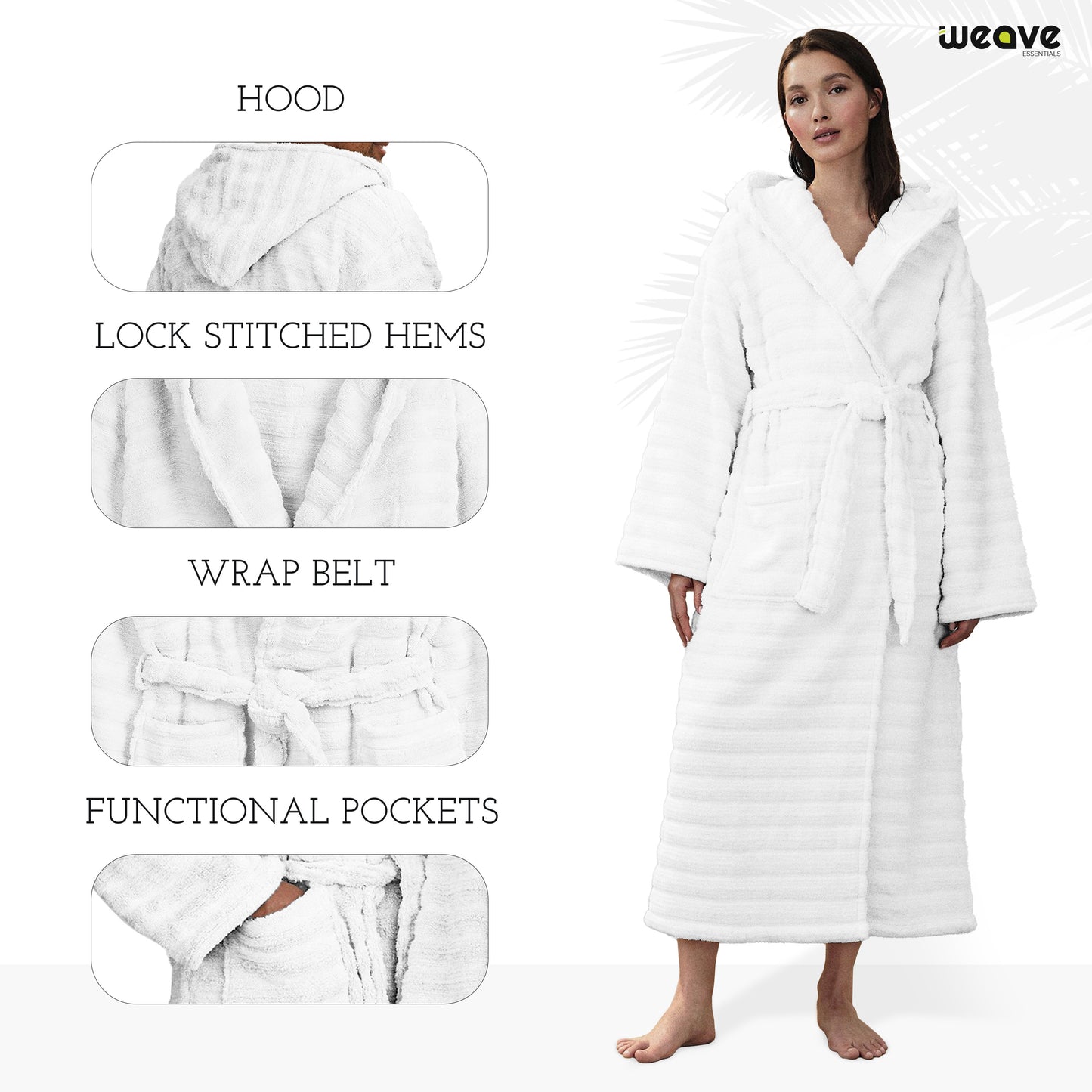 PREMIUM RIBBED TOWELING DRESSING GOWN: 100% COTTON-Striped & Ribbed Terry Toweling Hooded Bathrobe-Weave Essentials-Pastel Blue-S/M-Weave Essentials