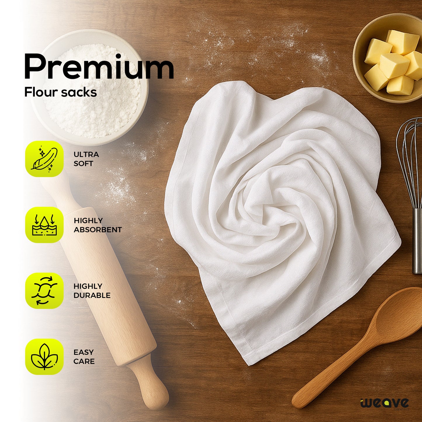 Weave Essentials 24pc Flour Sack Towels - 100% Cotton Tea Towels for Kitchen, Highly Absorbent Washing Up Cloths for Dishes, Lightweight, Premium Quality Durable Soft Feel Fingertip Flour Sack | White