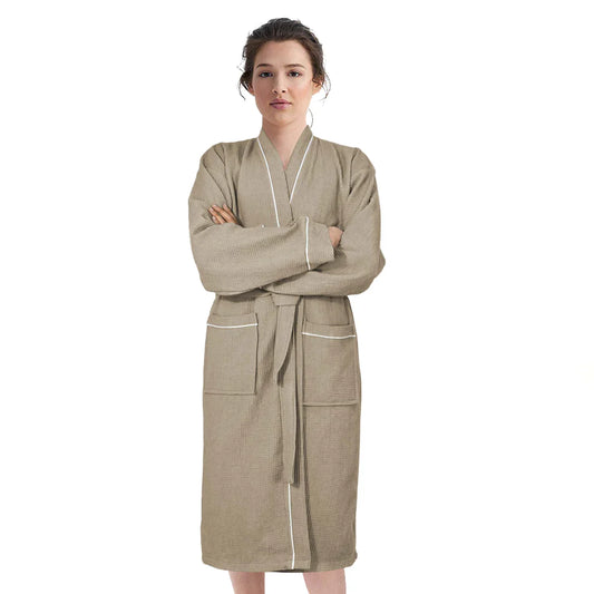 100% COTTON KIMONO UNISEX WAFFLE BATHROBE-Robes-Weave Essentials-Beige-L/XL-Weave Essentials