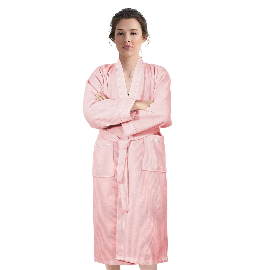 100% COTTON KIMONO UNISEX WAFFLE BATHROBE-Robes-Weave Essentials-Pink-S/M-Weave Essentials