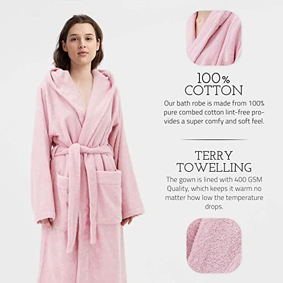 TERRY HOODED BATHROBE: 2 POCKETS & WRAP BELT-Bathrobe-Weave Essentials-Pale Pink-L/XL-Weave Essentials