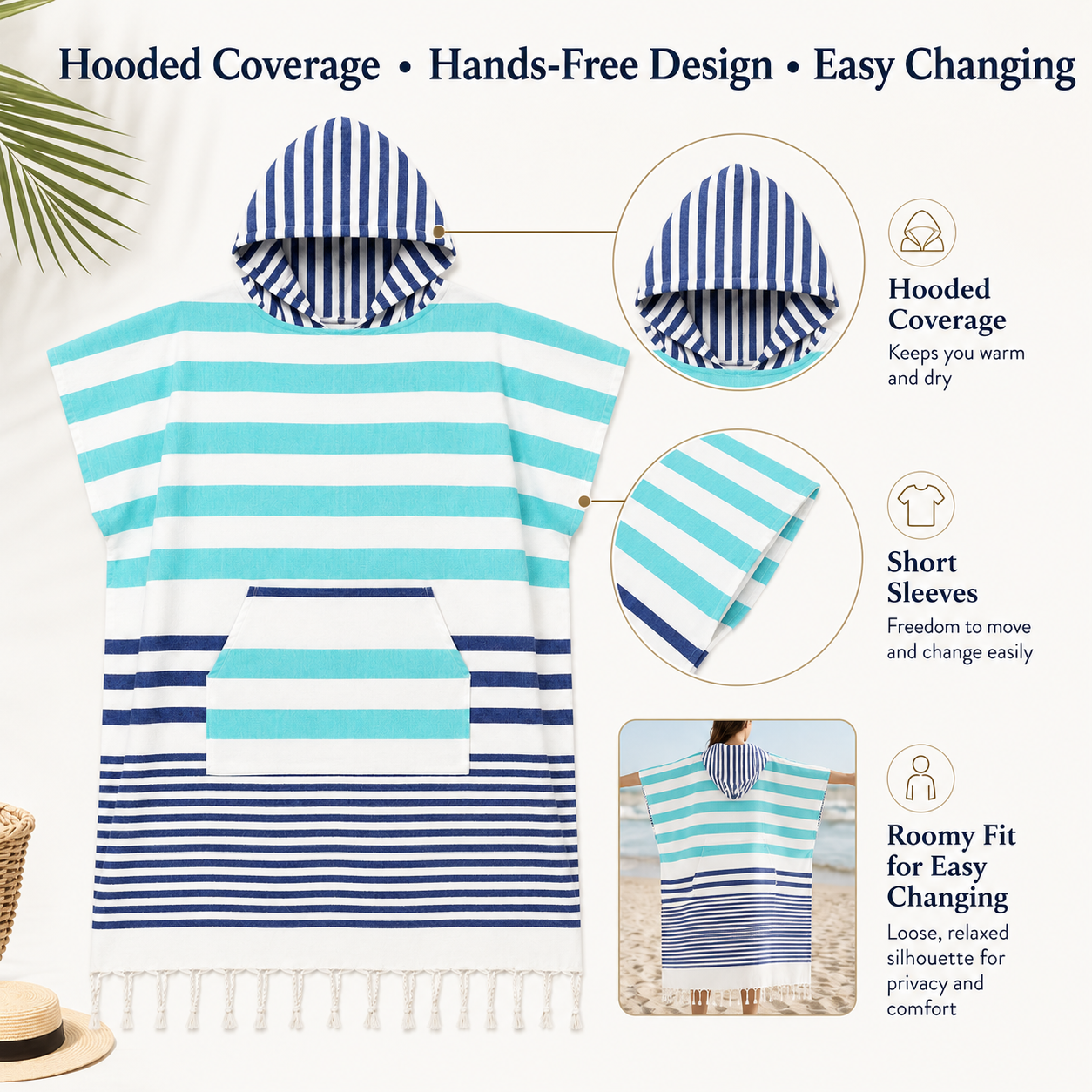 Hamam Poncho Towel - Hooded Changing Robe with Pocket, 100% Cotton