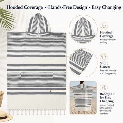 Hamam Poncho Towel - Hooded Changing Robe with Pocket, 100% Cotton