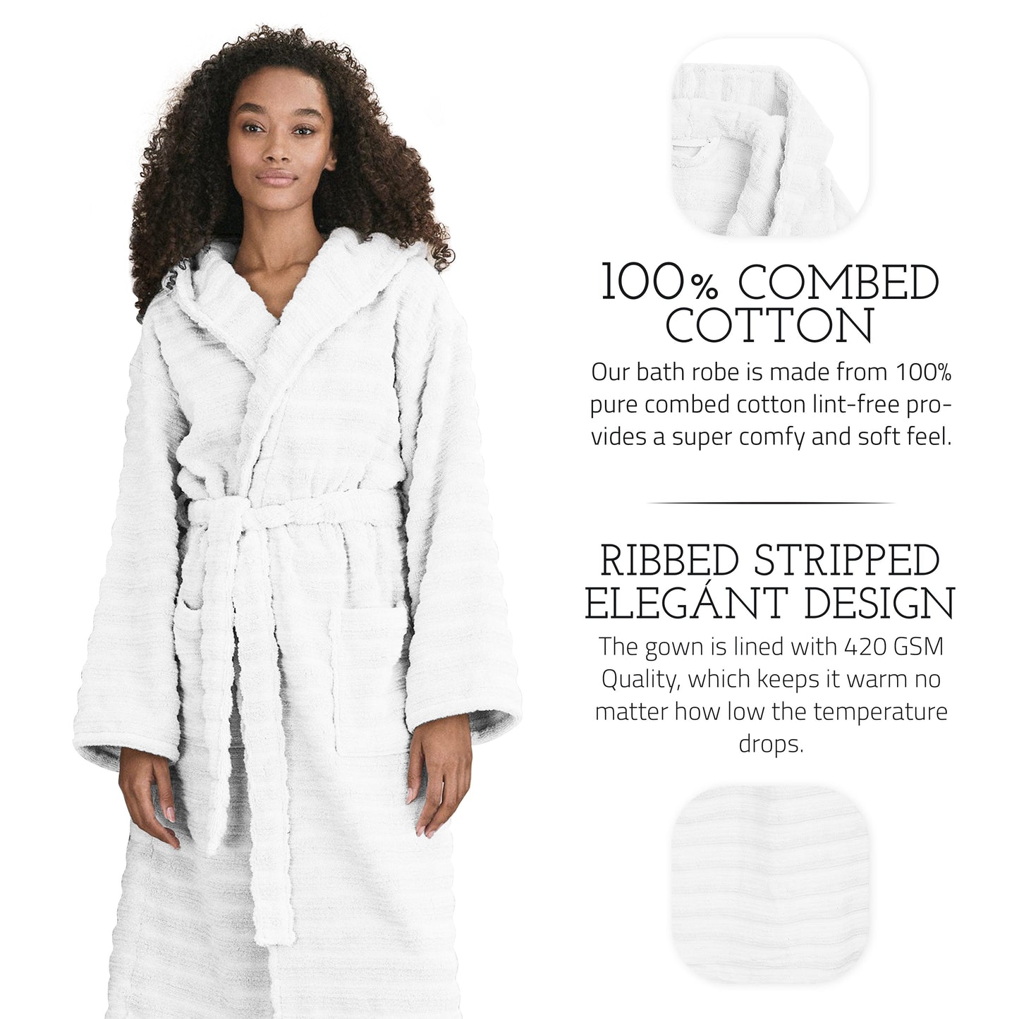 PREMIUM RIBBED TOWELING DRESSING GOWN: 100% COTTON-Striped & Ribbed Terry Toweling Hooded Bathrobe-Weave Essentials-Pastel Blue-S/M-Weave Essentials