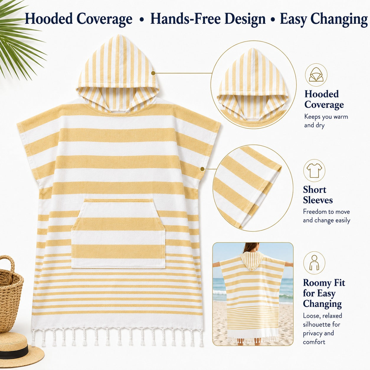 Hamam Poncho Towel - Hooded Changing Robe with Pocket, 100% Cotton