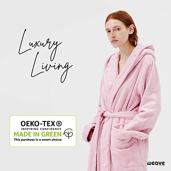 TERRY HOODED BATHROBE: 2 POCKETS & WRAP BELT-Bathrobe-Weave Essentials-Pale Pink-L/XL-Weave Essentials