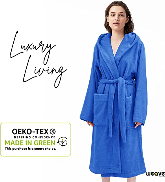 TERRY HOODED BATHROBE: 2 POCKETS & WRAP BELT-Bathrobe-Weave Essentials-Pale Pink-L/XL-Weave Essentials