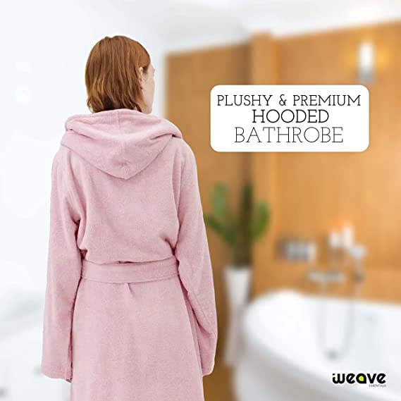 TERRY HOODED BATHROBE: 2 POCKETS & WRAP BELT-Bathrobe-Weave Essentials-Pale Pink-L/XL-Weave Essentials