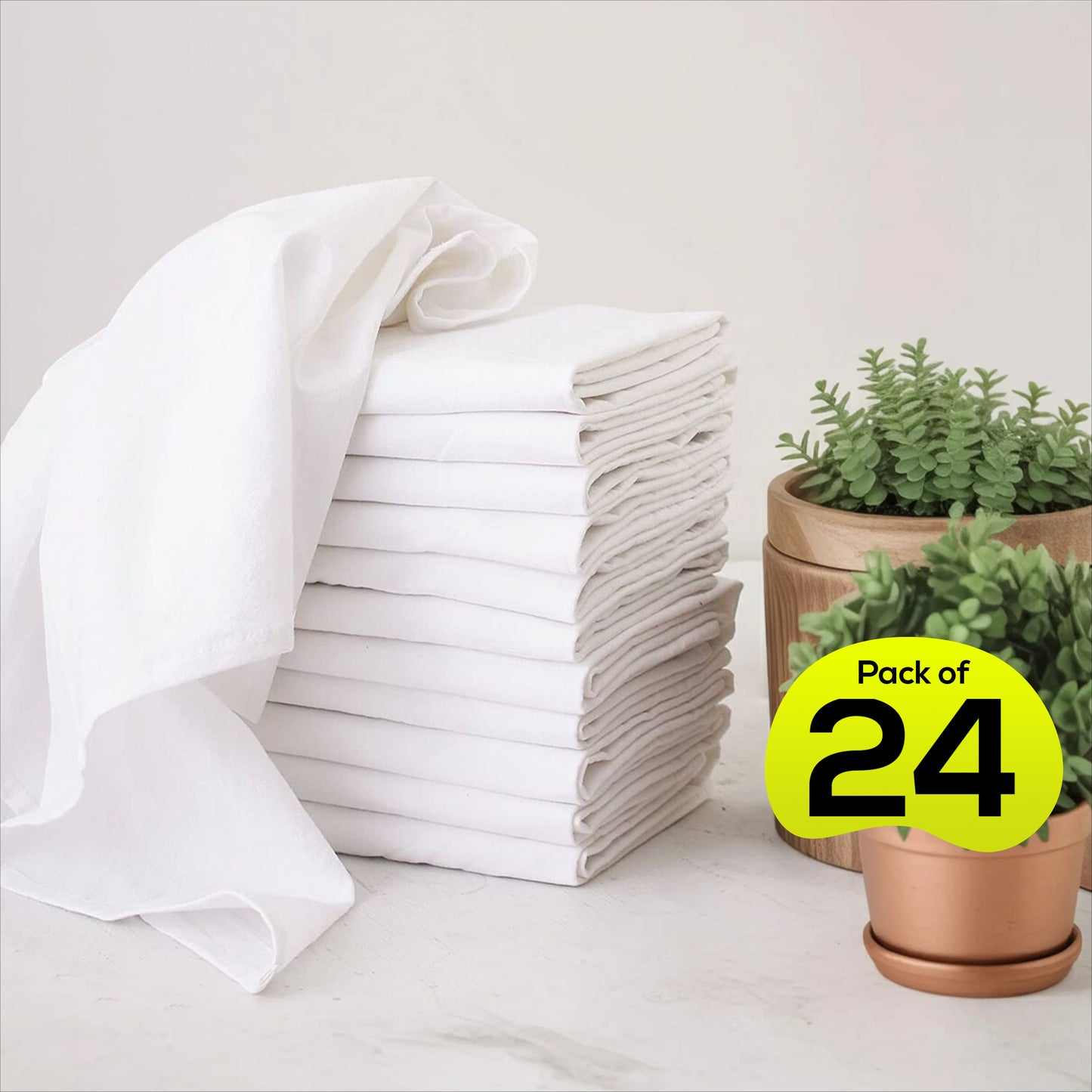 Weave Essentials 24pc Flour Sack Towels - 100% Cotton Tea Towels for Kitchen, Highly Absorbent Washing Up Cloths for Dishes, Lightweight, Premium Quality Durable Soft Feel Fingertip Flour Sack | White