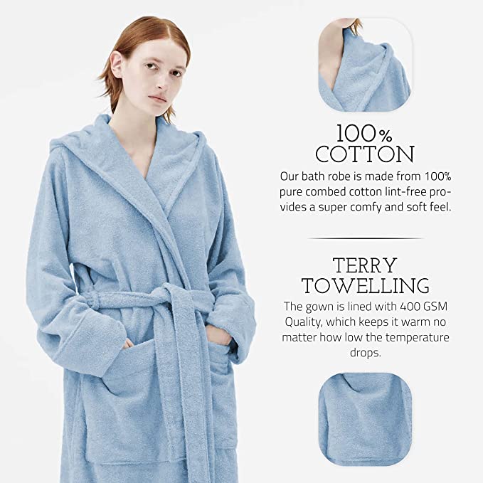 TERRY HOODED BATHROBE: 2 POCKETS & WRAP BELT-Bathrobe-Weave Essentials-Pale Pink-L/XL-Weave Essentials