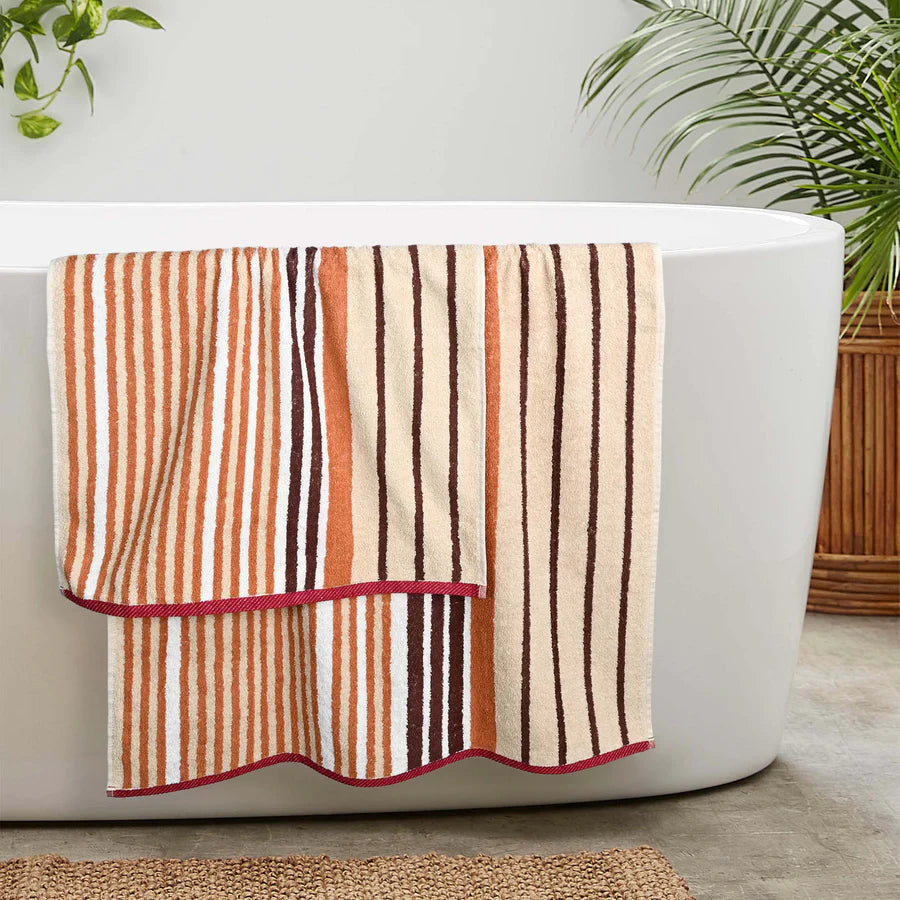 4Pc Bath Linen Towel Set, 2 Large Bath Towel - 70x140cm, 2 Hand Towels - 50x90cm, Solid Stripped 100% Cotton, Quick Dry Towel, Soft & Absorbent-Guest Towel-Weave Essentials-Ochre Brown-2x Hand & 2x Bath-Weave Essentials