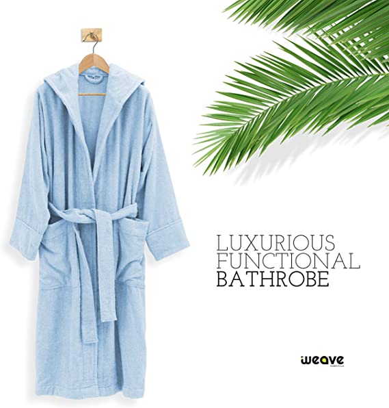 TERRY HOODED BATHROBE: 2 POCKETS & WRAP BELT-Bathrobe-Weave Essentials-Sky Blue-L/XL-Weave Essentials