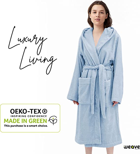 TERRY HOODED BATHROBE: 2 POCKETS & WRAP BELT-Bathrobe-Weave Essentials-Pale Pink-L/XL-Weave Essentials