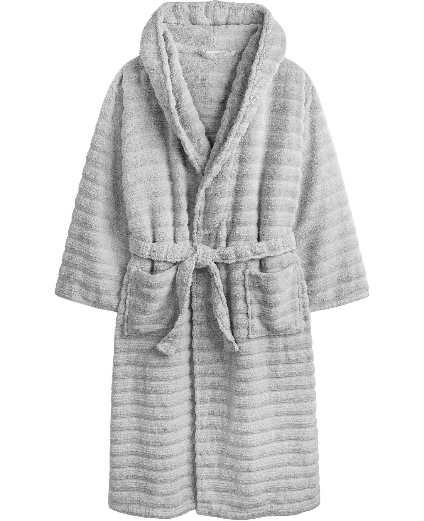 PREMIUM RIBBED TOWELING DRESSING GOWN: 100% COTTON-Striped & Ribbed Terry Toweling Hooded Bathrobe-Weave Essentials-Pastel Grey-S/M-Weave Essentials