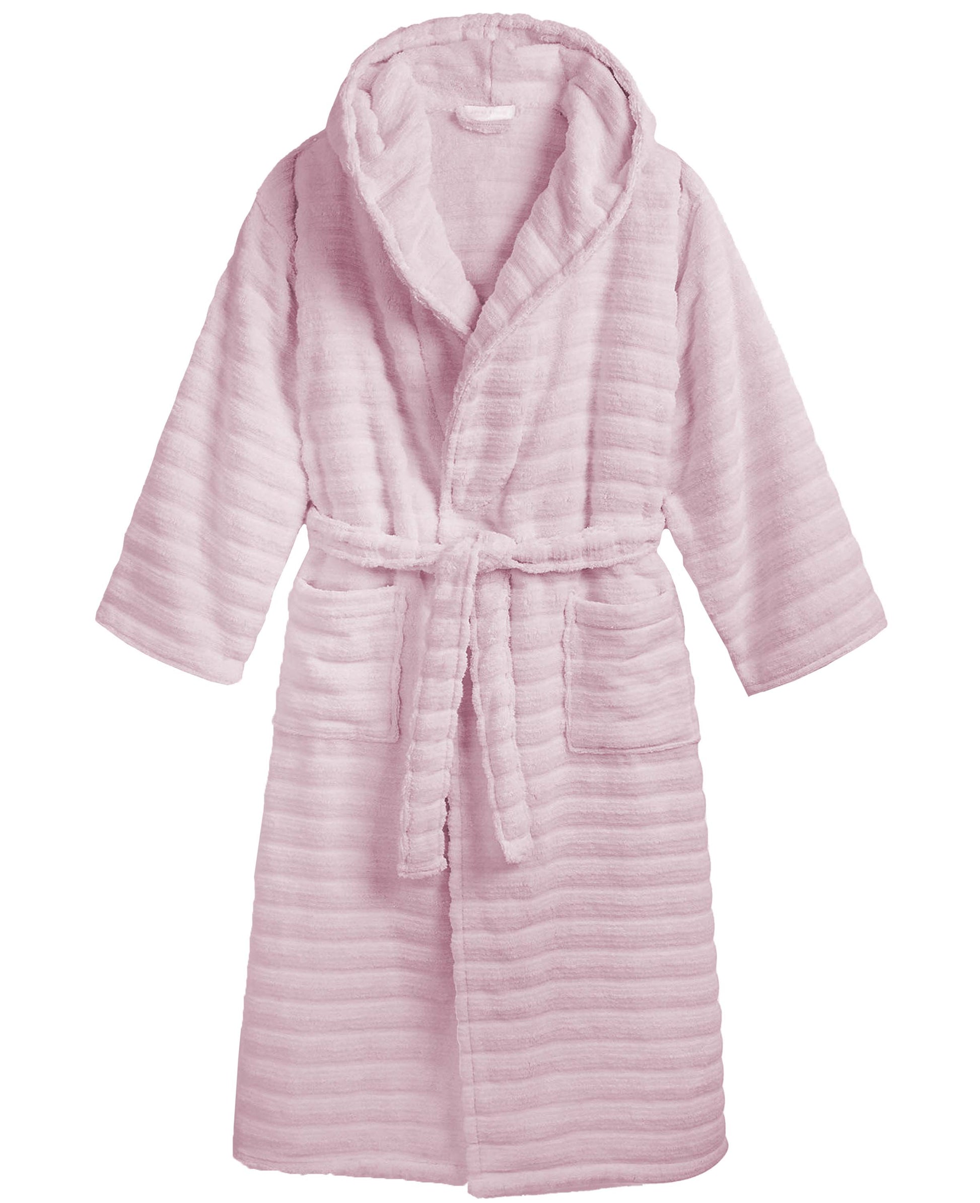 PREMIUM RIBBED TOWELING DRESSING GOWN: 100% COTTON-Striped & Ribbed Terry Toweling Hooded Bathrobe-Weave Essentials-Pastel Pink-S/M-Weave Essentials