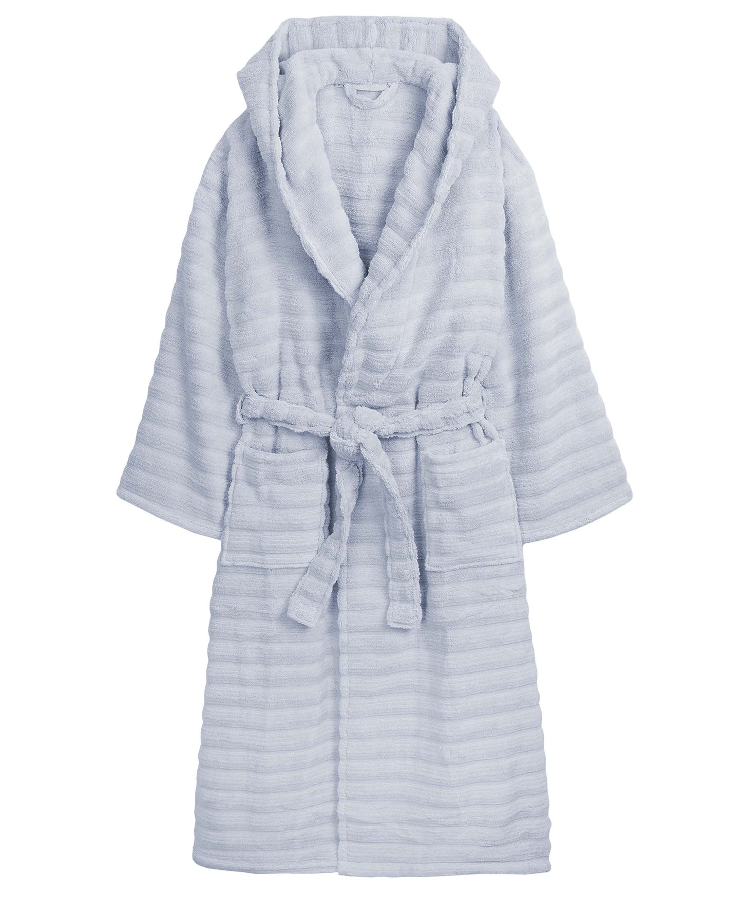 PREMIUM RIBBED TOWELING DRESSING GOWN: 100% COTTON-Striped & Ribbed Terry Toweling Hooded Bathrobe-Weave Essentials-Pastel Blue-S/M-Weave Essentials