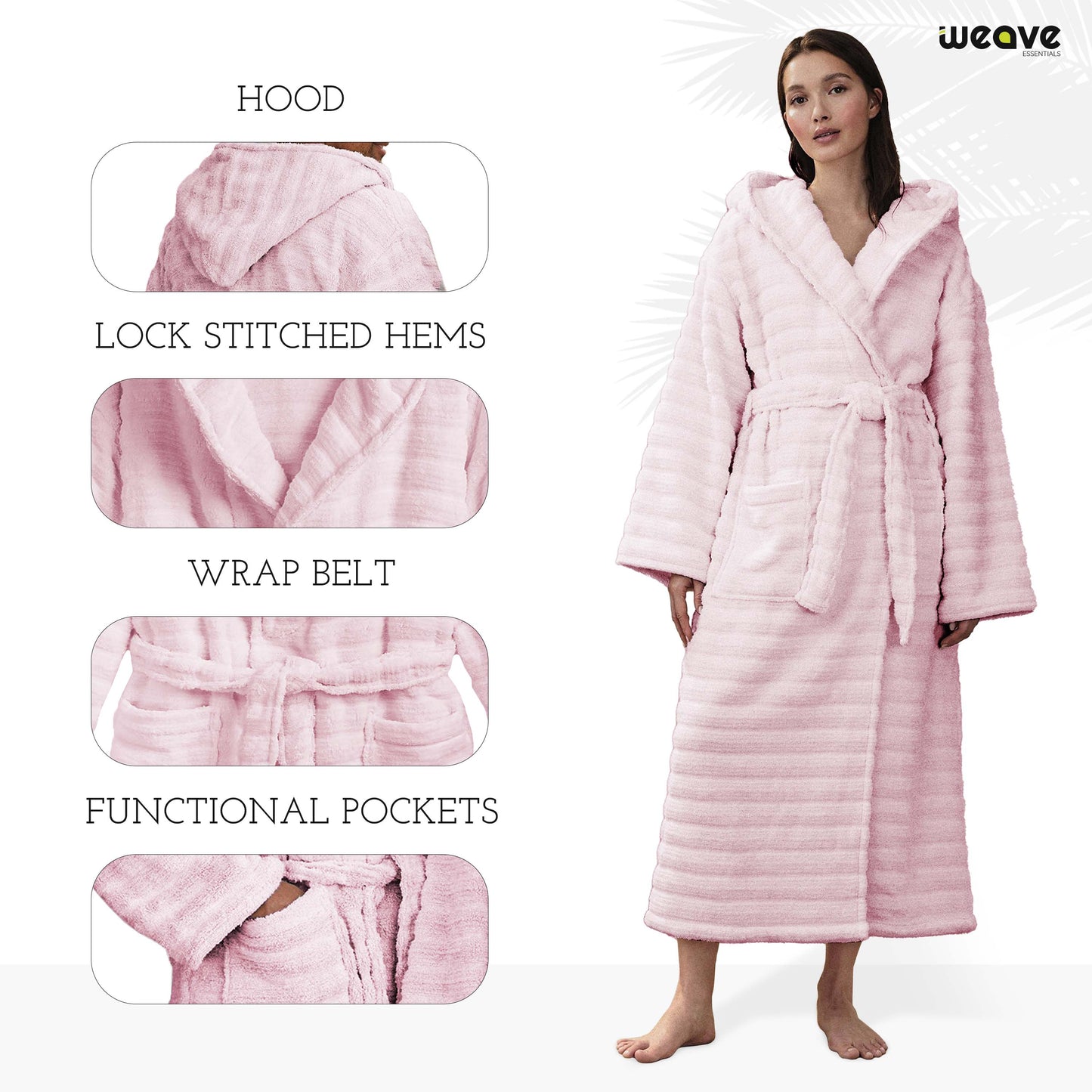 PREMIUM RIBBED TOWELING DRESSING GOWN: 100% COTTON-Striped & Ribbed Terry Toweling Hooded Bathrobe-Weave Essentials-Pastel Blue-S/M-Weave Essentials