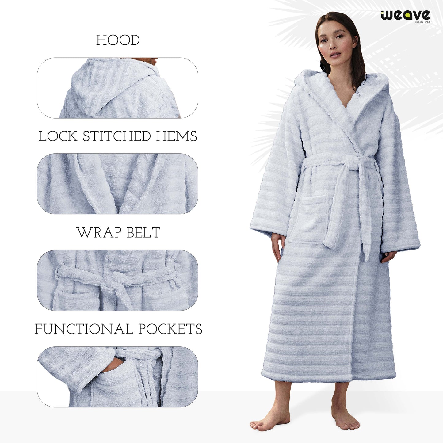 PREMIUM RIBBED TOWELING DRESSING GOWN: 100% COTTON-Striped & Ribbed Terry Toweling Hooded Bathrobe-Weave Essentials-Pastel Blue-S/M-Weave Essentials