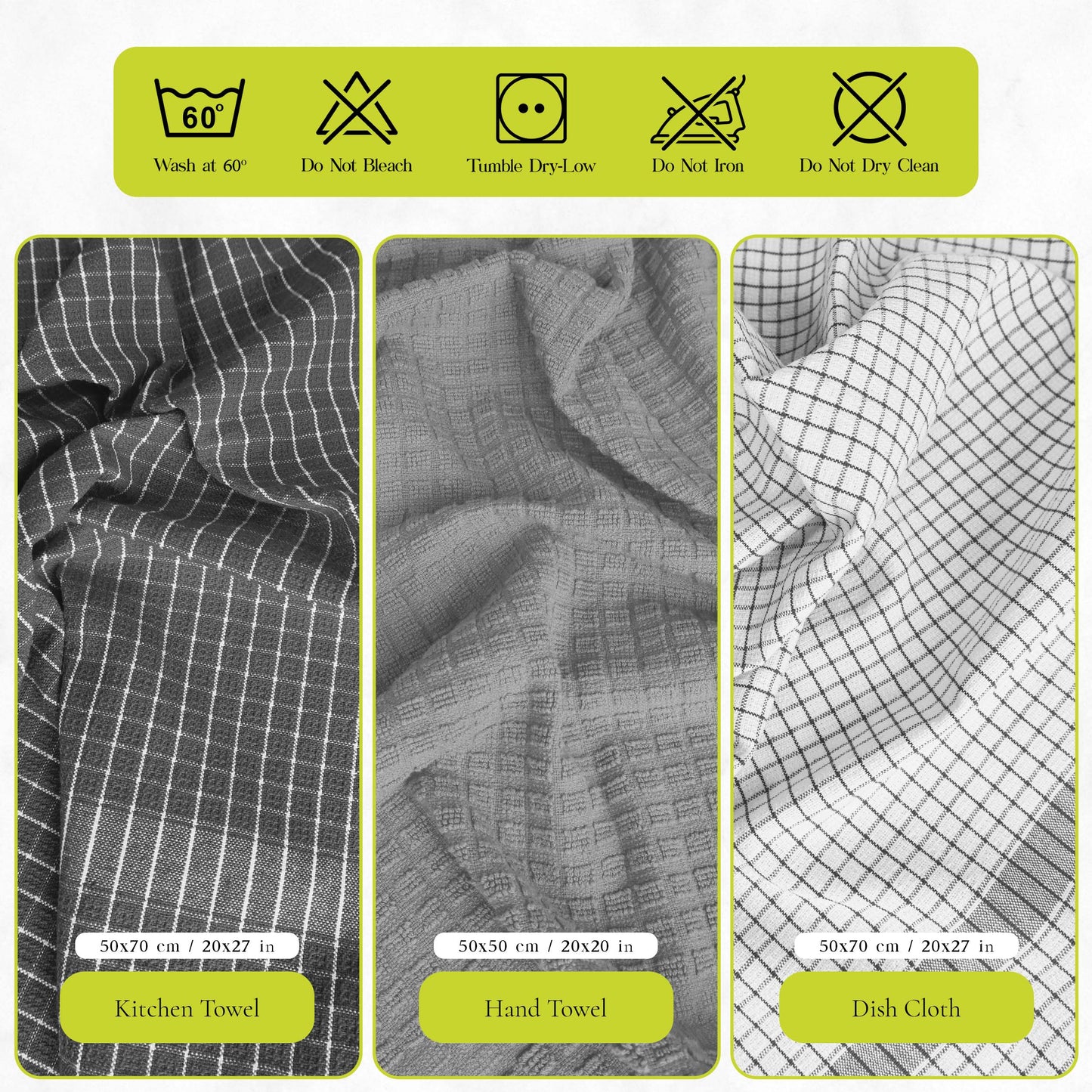 12 PC KITCHEN TOWEL SET: 4 HAND TOWEL & 8 DISH CLOTH-Kitchen Tea Towel-Weave Essentials-Silver Grey-Weave Essentials