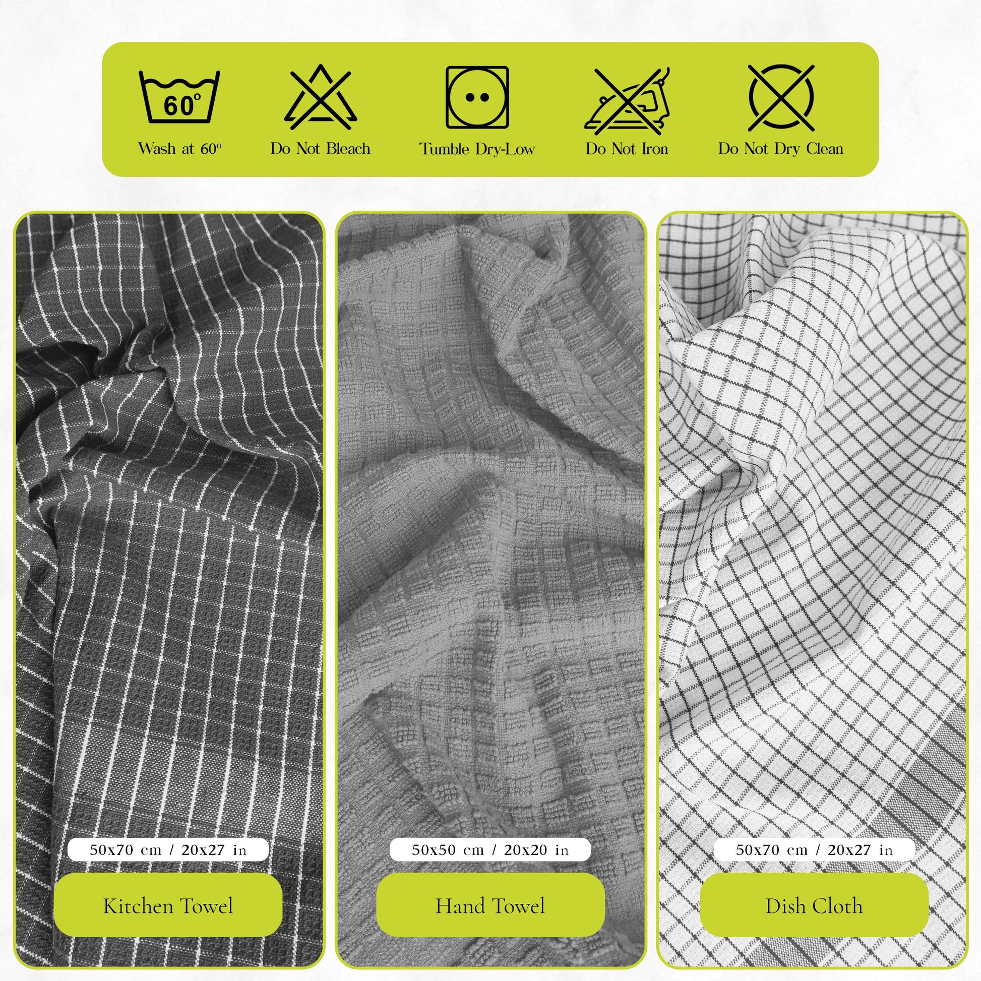 12 PC KITCHEN TOWEL SET: 4 HAND TOWEL & 8 DISH CLOTH-Kitchen Tea Towel-Weave Essentials-Silver Grey-Weave Essentials