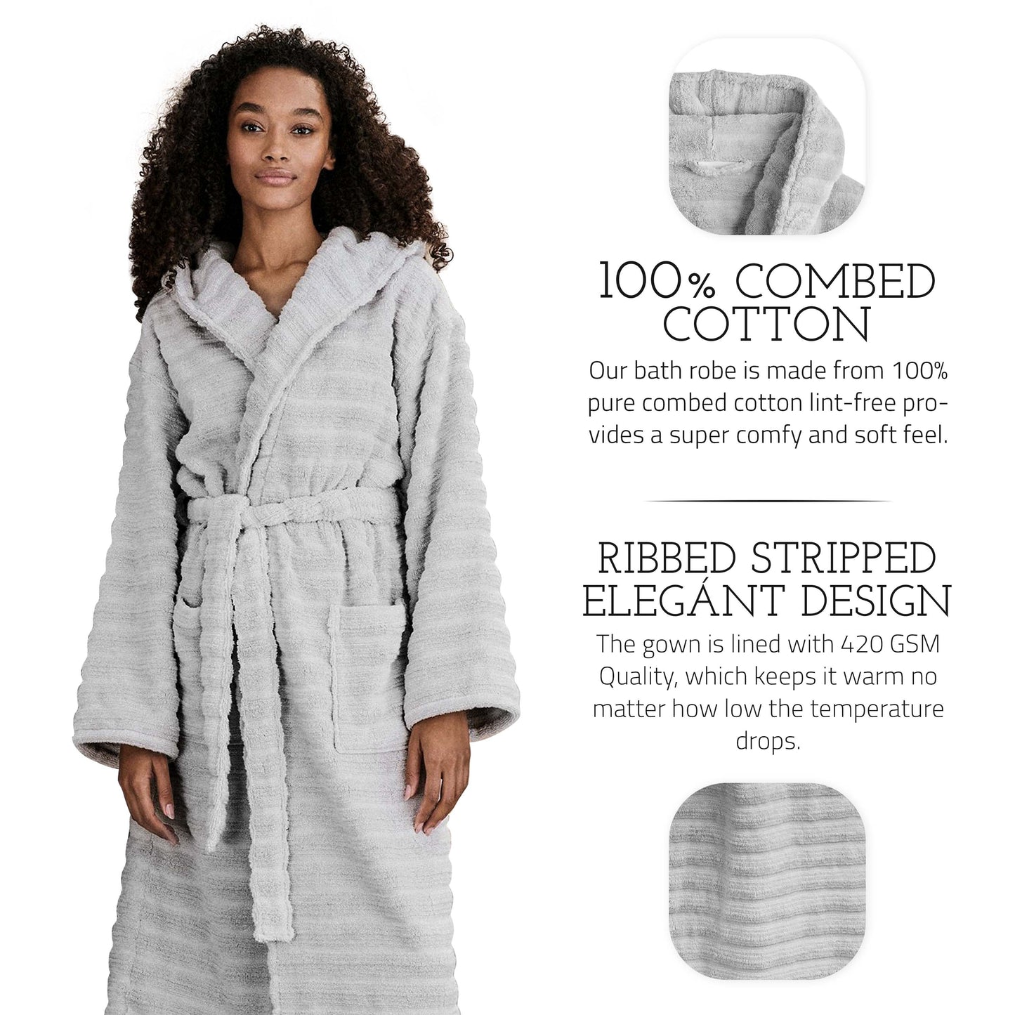 PREMIUM RIBBED TOWELING DRESSING GOWN: 100% COTTON-Striped & Ribbed Terry Toweling Hooded Bathrobe-Weave Essentials-Pastel Blue-S/M-Weave Essentials