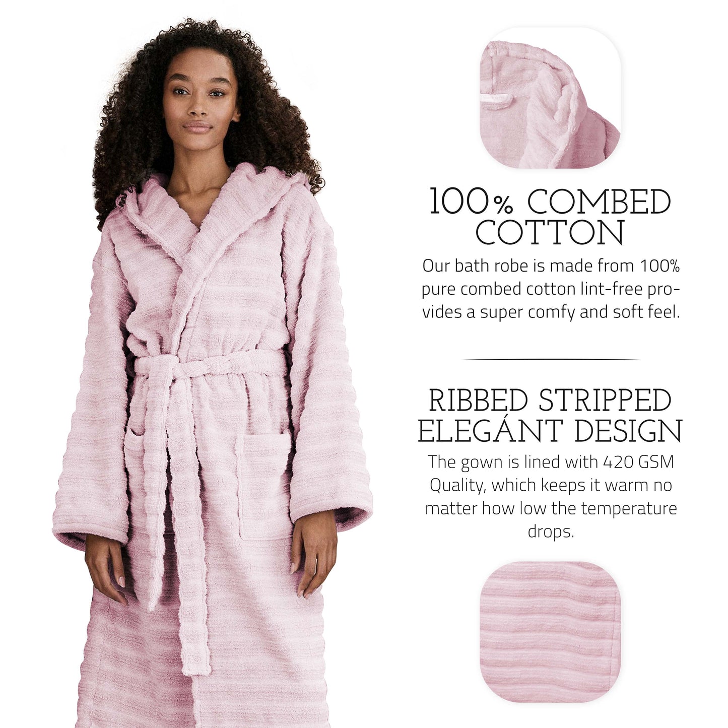 PREMIUM RIBBED TOWELING DRESSING GOWN: 100% COTTON-Striped & Ribbed Terry Toweling Hooded Bathrobe-Weave Essentials-Pastel Blue-S/M-Weave Essentials