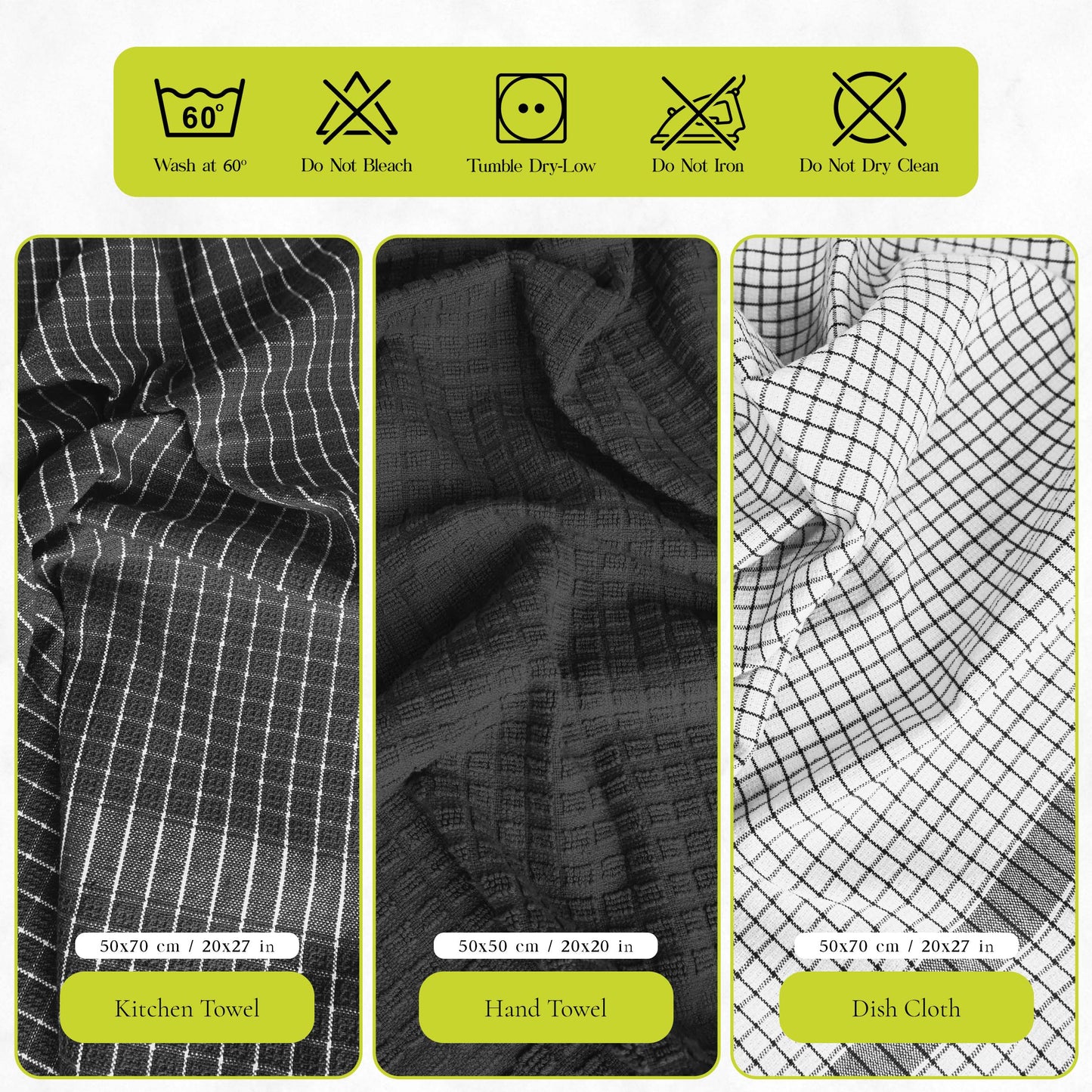 12 PC KITCHEN TOWEL SET: 4 HAND TOWEL & 8 DISH CLOTH-Kitchen Tea Towel-Weave Essentials-Silver Grey-Weave Essentials