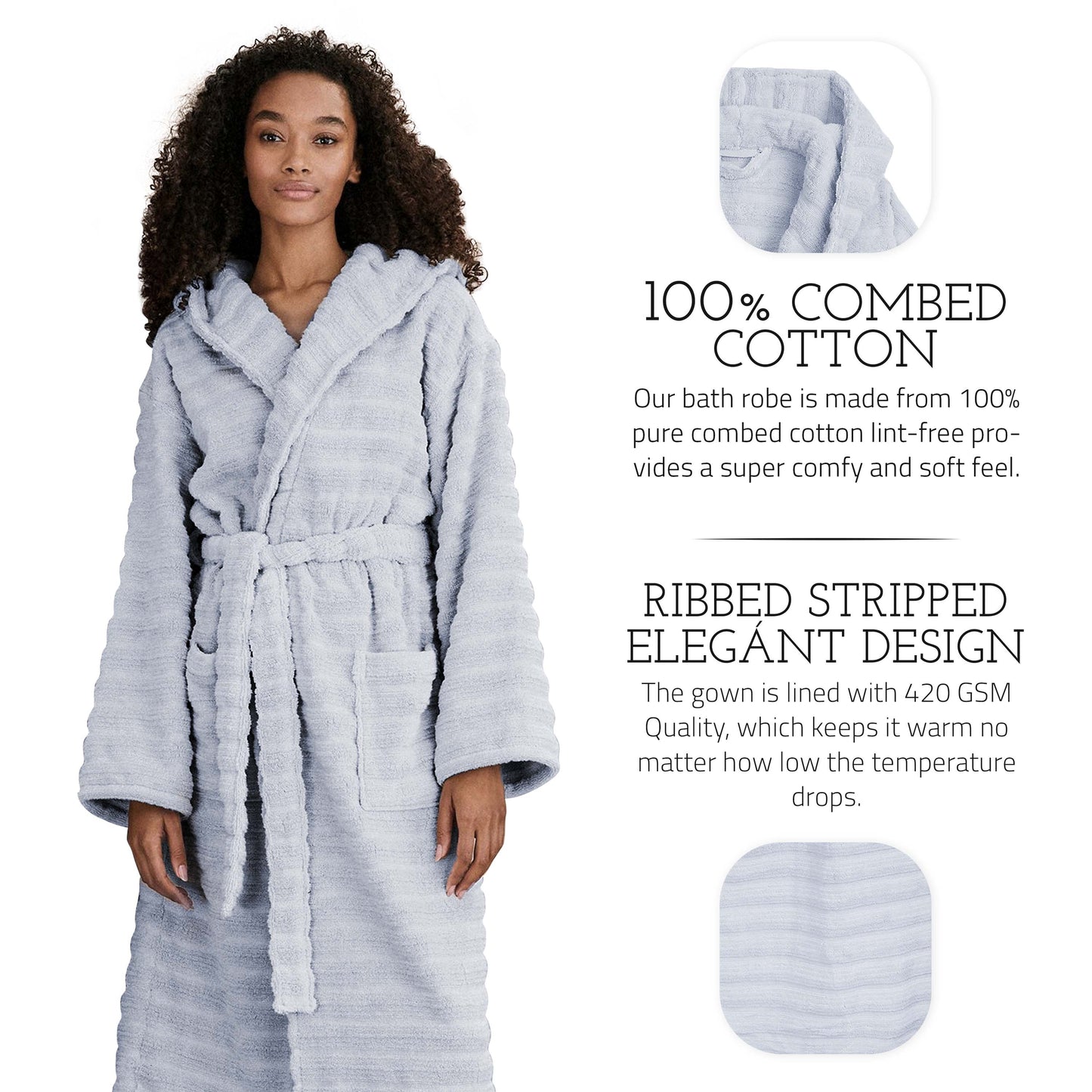 PREMIUM RIBBED TOWELING DRESSING GOWN: 100% COTTON-Striped & Ribbed Terry Toweling Hooded Bathrobe-Weave Essentials-Pastel Blue-S/M-Weave Essentials