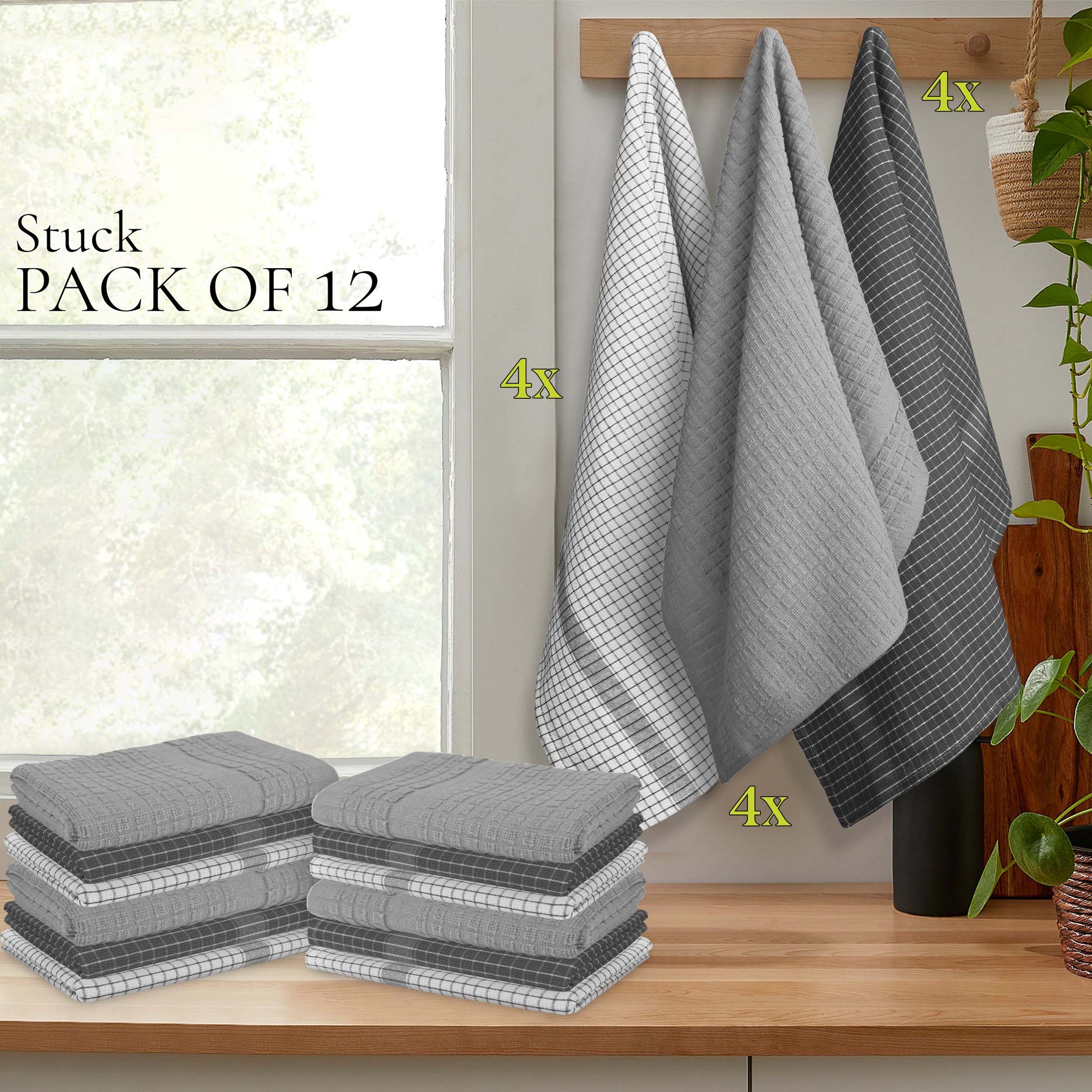 12 PC KITCHEN TOWEL SET: 4 HAND TOWEL & 8 DISH CLOTH-Kitchen Tea Towel-Weave Essentials-Silver Grey-Weave Essentials