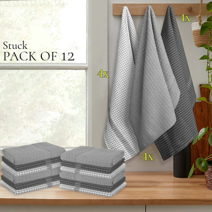 12 PC KITCHEN TOWEL SET: 4 HAND TOWEL & 8 DISH CLOTH-Kitchen Tea Towel-Weave Essentials-Silver Grey-Weave Essentials