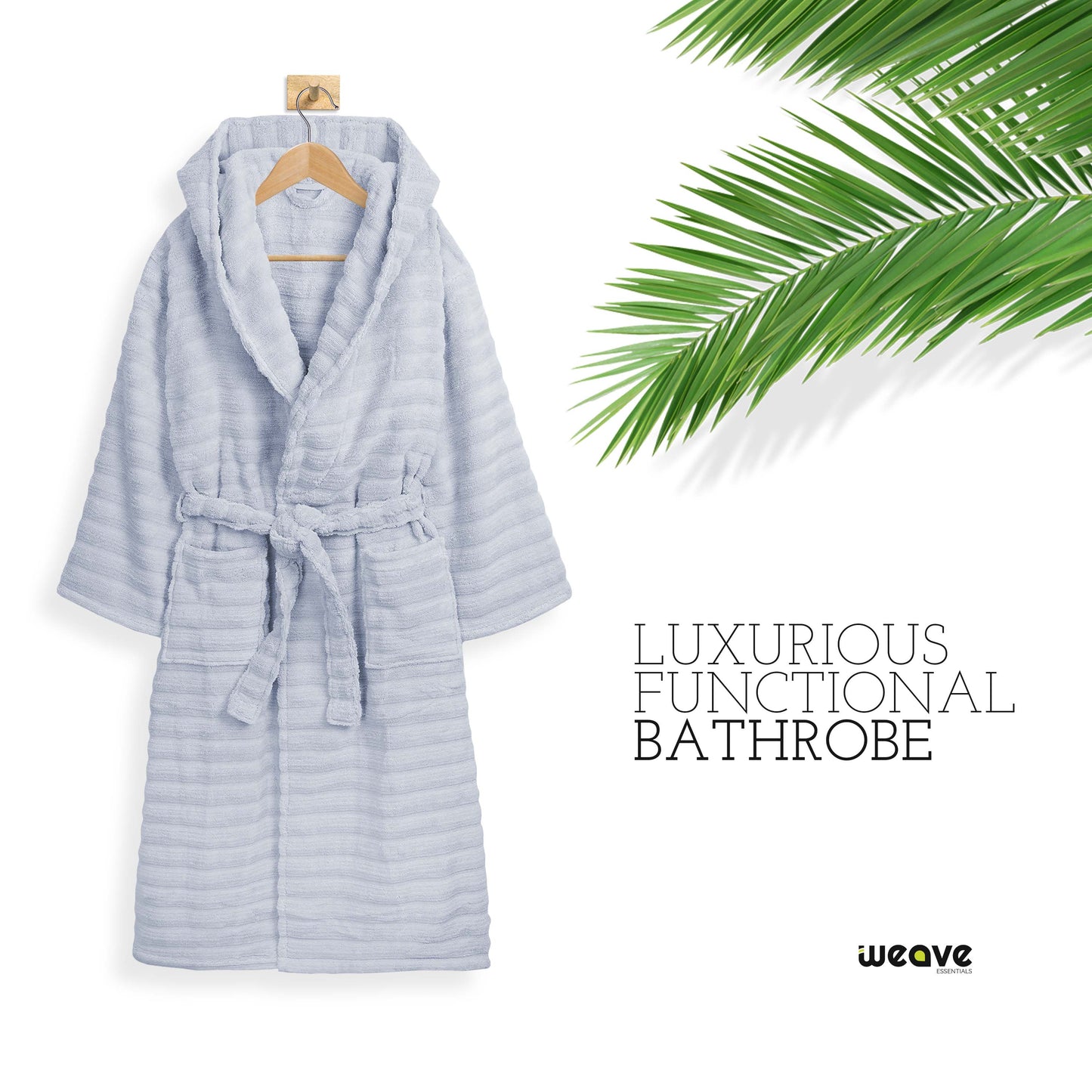 PREMIUM RIBBED TOWELING DRESSING GOWN: 100% COTTON-Striped & Ribbed Terry Toweling Hooded Bathrobe-Weave Essentials-Pastel Blue-S/M-Weave Essentials