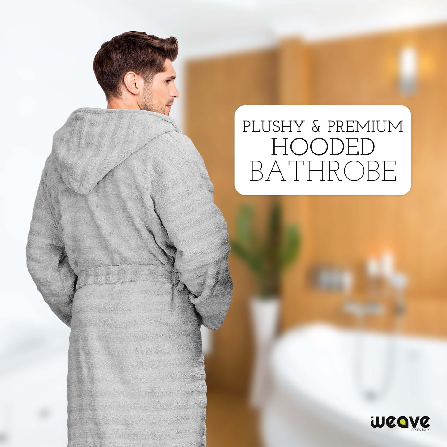 PREMIUM RIBBED TOWELING DRESSING GOWN: 100% COTTON-Striped & Ribbed Terry Toweling Hooded Bathrobe-Weave Essentials-Pastel Blue-S/M-Weave Essentials