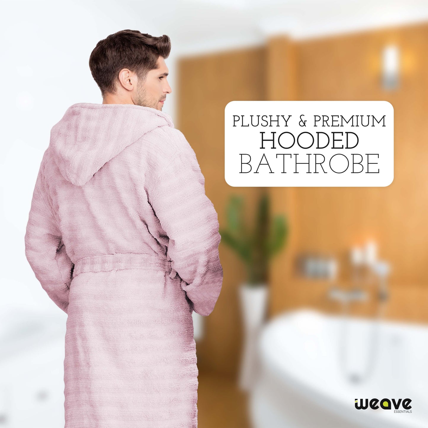 PREMIUM RIBBED TOWELING DRESSING GOWN: 100% COTTON-Striped & Ribbed Terry Toweling Hooded Bathrobe-Weave Essentials-Pastel Blue-S/M-Weave Essentials